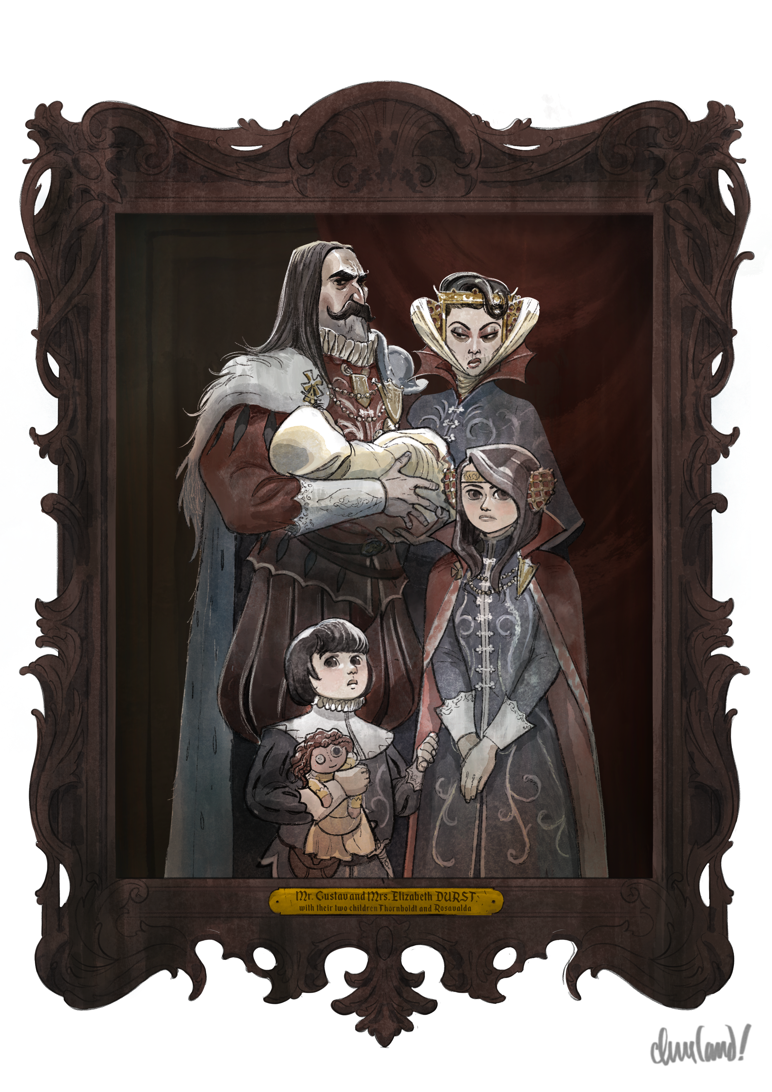 durst-family-portrait.png|Mr. Gustav and Mrs. Elisabeth Durst, with their two children, Rosavalda and Thornboldt