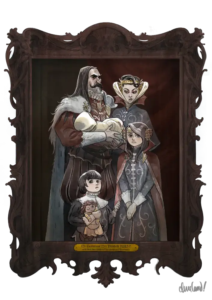durst-family-portrait.webp|Mr. Gustav and Mrs. Elisabeth Durst, with their two children, Rosavalda and Thornboldt